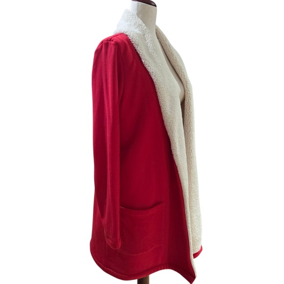 Eddie Bauer Women's Sherpa Lined Open Front Cardigan Size Medium Red And Cream - Picture 2 of 14
